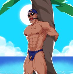 1boy abs ball_gag clouds fit fit_male male muscular muscular_male no_visible_genitalia ocean outside palm_tree red_ball_gag revealyoursins scar scar_on_chest scars solo_male speedo sun swimsuit