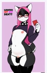 9:14 anthro barely_visible_genitalia barely_visible_penis blush bulge clothing collar condom detailed_bulge domestic_cat embarrassed eyebrows eyewear felid feline felis femboy genitals glasses grey_body hair hi_res holding_condom holding_object latex latex_clothing latex_legwear latex_thigh_highs legwear long_hair male mammal nervous nipples penis pink_background pink_hair raised_inner_eyebrows sexual_barrier_device simple_background solo squish standing thigh_highs thigh_squish thong underwear vickyx wearing_glasses white_background white_body