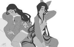 black_and_white demon_slayer h-picaso japanese_female kamado_nezuko kasugano_tsubaki kimono kissing kissing_while_penetrated long_hair mirai_nikki nude partially_blind sex sketch threesome two_girls