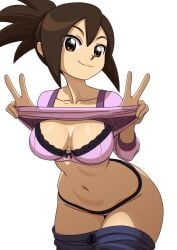 1girls alternate_version_available big_breasts bottomwear bra breasts brown_eyes brown_hair cleavage clothes_lift clothing double_peace_sign female female_only hair hips hope_stelar kyde lace lace-trimmed_bra lace-trimmed_panties lace_trim lingerie mature mature_female mature_woman mega_man mega_man_star_force milf mother pants pants_down peace_sign pink_bra pink_panties pink_shirt shirt shirt_lift smile solo solo_female thighs tied_hair topwear wide_hips