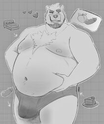 anthro bear bed belly biped body_hair bulge cake chest_hair chest_tuft clothing dessert detailed_bulge dialogue directional_arrow eggplant eyebrows flaccid food fruit furniture furry genital_outline genitals geometric_background grid_background heart_symbol hi_res male mammal monochrome navel nipples outline overweight overweight_anthro overweight_male pattern_background peach_(fruit) penis penis_outline plant polar_bear simple_background solo speech_bubble standing teeth thick_eyebrows tuft underwear ursine white_body zcdartz