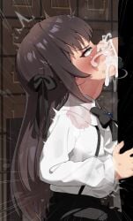 1boy absurdres alina_clover bar_censor black_bow black_bowtie black_skirt bow bowtie brown_hair censored cum cum_in_mouth cum_overflow deepthroat fellatio female from_side green_eyes guild_no_uketsukejou_desu_ga_zangyou_wa_iya_nanode_boss_wo_solo_toubatsu_shiyou_to_omoimasu heart heart-shaped_pupils highres long_hair male mizumizuni oral penis profile shirt skirt solo_focus straight symbol-shaped_pupils tears white_shirt