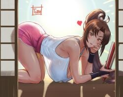 1girls all_fours big_breasts breasts brown_hair busty curvy fatal_fury female female_only hanging_breasts huge_breasts king_of_fighters looking_at_viewer mai_shiranui nipples nipples_visible_through_clothing ponytail short_shorts shorts snk solo tank_top tomo_eokaiteru