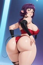 ai_generated animal_ears ass bangs bare_shoulders black_choker black_thighhighs blue_eyes blunt_bangs blush breasts choker covered_nipples detached_sleeves ear_piercing female from_behind jane_doe_(zenless_zone_zero) large_breasts lips long_hair looking_at_viewer looking_back panties piercing purple_hair red_panties single_thighhigh smile solo tail thick_thighs thighhighs thighs torn_clothes torn_thighhighs underwear zenless_zone_zero