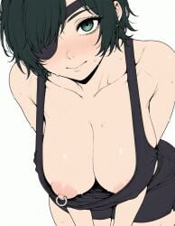 1girls ai_generated areola_slip bangs bare_shoulders big_breasts black_hair black_shorts black_tank_top blush breasts chainsaw_man cleavage closed_mouth collarbone eyepatch female female_only green_eyes himeno_(chainsaw_man) large_breasts leaning_forward looking_at_viewer nipple_piercing nipple_slip nipples one_eye_covered piercing short_hair shorts simple_background solo sondu sweat tank_top white_background