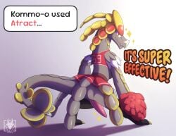 anthro bottomwear cheerleader_outfit clothed clothing erection generation_7_pokemon genitals hi_res kommo-o looking_at_viewer male n1k0 nintendo penis pokemon pokemon_(species) pom_poms presenting presenting_penis simple_background skirt smile solo tail text topwear