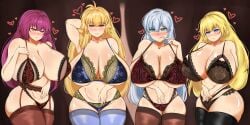 4girls ahoge alternate_breast_size anastasia_(fate) archetype_earth arcueid_brunestud blonde_hair blue_eyes blue_hair blush bra breasts_bigger_than_head breasts_bigger_than_torso cleavage enormous_breasts fate/grand_order fate_(series) female heart hips jeanne_d'arc_(fate) lingerie lingerie_bra long_hair looking_at_viewer mature_body mature_female plump purple_hair red_eyes scathach_skadi sweat sweating thick_thighs thighhighs wide_hips