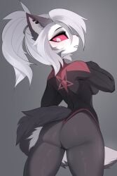 2023 absurd_res anthro ass black_nose breasts canid canid_demon canine clothing costume demon digital_media_(artwork) ear_piercing ear_ring eyebrows eyelashes female fluffy fluffy_tail grey_hair hellhound helluva_boss hi_res long_hair looking_at_viewer looking_back looking_back_at_viewer loona_(helluva_boss) magnaluna mammal mythological_canine mythological_creature mythology piercing ponytail pupils rear_view red_sclera ring_piercing slit_pupils solo standing tail tight_clothing translucent translucent_clothing