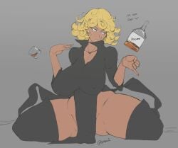 1girls alcohol big_breasts black_clothing blonde_hair bottle clothing curvy dark-skinned_female dialogue drunk female_only green_eyes looking_sideways nipple_bulge one-punch_man race_swap shot_glass smoxul solo tatsumaki text thick_thighs wide_hips