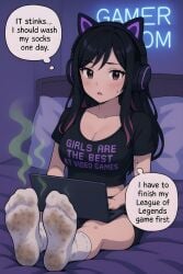 1girls ai_generated black_crop_top black_hair cat_headphones cleavage crop_top cute_expression cute_face cute_girl dialogue dialogue_bubble dirty dirty_feet dirty_socks e-girl embarrassed embarrassed_female feet feet_focus female female_only foot_fetish foot_focus gamer_girl headphones only_female original_character pink_highlights scarlethblood smelly_feet smelly_socks sock_fetish socks stink_fumes stinky stinky_feet stinky_socks white_skin white_socks