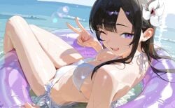 bikini black_hair breasts floating_ring hair_ornament hectorrambito looking_at_viewer ocean one_eye_closed open_mouth original_character panties peace_sign pool_toy pov purple_eyes shaded string_bikini sunlight swimwear waist white_bikini white_panties