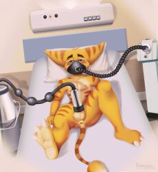 anthro anus areola balls bed blush digital_media_(artwork) drugged erection feet fingers fur furniture genitals half-closed_eyes hi_res hospital hospital_bed lombax lying machine male mammal mask medical_instrument milking_machine narrowed_eyes nipples nude on_back on_bed oxygen_mask pecs penile penis penis_milking penis_milking_machine pillow plantigrade ratchet_(ratchet_and_clank) ratchet_and_clank scientific_instrument soles solo sony_corporation sony_interactive_entertainment spread_legs spreading stripes substance_intoxication tail tobbywolf toes yellow_body yellow_fur