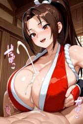 ai_generated big_breasts boobjob bratkudm brown_hair clothed clothed_female_nude_male clothing cum cum_on_breasts cumshot fatal_fury female happy king_of_fighters mai_shiranui paizuri titjob
