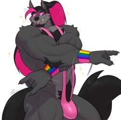 anthro bara buff bulge bulge_through_clothing bulge_through_swimsuit canid canine canis cute cute_face furry gay gay_furry male mankini muscular muscular_male pecs pink_mankini sexy tongue tongue_out wolf yaoi