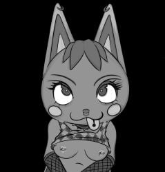 animal_crossing anthro cheek_spots clothed clothing clothing_lift collar ear_piercing facial_piercing female fishnet_clothing heart_eyes heart_symbol herculesart hi_res humanoid looking_at_viewer monochrome nintendo nose_piercing piercing rosie_(animal_crossing) shirt shirt_lift solo tongue tongue_out tongue_piercing topwear villager_(animal_crossing)
