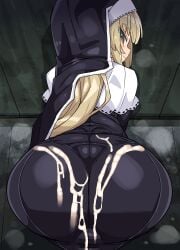 ass black_dress blonde_hair capelet closed_mouth commentary_request cum cum_on_clothes dress female grey_eyes kanikama long_hair looking_at_viewer looking_back nijisanji nun profile sister_claire sister_claire_(1st_costume) smile solo steam traditional_nun veil virtual_youtuber white_capelet