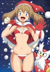 ass_visible_through_thighs bare_arms bare_belly belly_button bikini blue_eyes blush breasts brown_hair cameltoe christmas christmas_outfit female gloves kohta_(my_page) may_(pokemon) medium_hair open_mouth pokemon red_bikini red_gloves red_thighhighs santa_bikini santa_costume santa_hat shiny_skin side-tie_bikini_bottom small_breasts smile thighhighs thighs underboob waving