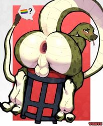 anthro anus ass backsack balls big_butt blush bodily_fluids countershade_butt countershade_tail countershading fangs forked_tongue gaping gaping_anus genitals green_body green_scales hi_res lgbt_pride long_tail looking_at_viewer looking_back looking_back_at_viewer male nude_male perineum pit_viper presenting presenting_hindquarters pride_colors rainbow_flag rainbow_pride_flag rainbow_symbol rattle_(anatomy) rattlesnake reptile scales scalie sitting_on_stool snake solo sweat sweaty_butt tail teeth thick_tail tongue tongue_out ventral_scales vickyx viper