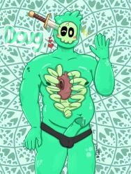 3:4 ass belly big_butt black_clothing blush blush_lines blushing_at_viewer bodily_fluids bone bottomwear bubble circumcised clothing doug_(monster_con) dripping genital_fluids genitals gesture goo_creature goo_humanoid half_naked heart_background heart_on_body heart_symbol humanoid leaking_precum looking_at_viewer looking_pleasured male male/male melee_weapon monster_prom mouthless name_drop nipples one_eye_closed overweight pants pattern_background penis precum precum_drip simple_background skull skull_head slightly_chubby slime solo star sword thick_thighs visible_self waving waving_at_viewer weapon wink winking_at_viewer yellow_eyes