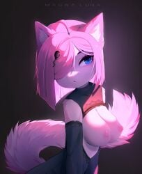2023 absurd_res accessory anthro armwear black_armwear black_clothing blue_eyes breasts clothing digital_media_(artwork) domestic_cat exposed_breasts eyebrows eyelashes felid feline felis female fluffy fluffy_tail fur furry hair_accessory hi_res inner_ear_fluff looking_away magnaluna mammal nipples one_eye_obstructed original original_character pink_body pink_fur pink_hair pink_nipples pupils signature simple_background slit_pupils solo tail tuft