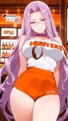 ai_generated boosterred99 collar fate/grand_order fate_(series) female from_below glasses hooters hooters_(parody) hooters_uniform illustrious_(stable_diffusion) large_breasts long_hair medusa_(fate) medusa_(rider)_(fate) medusa_\\\\\\\\\\\\\\\\(fate\\\\\\\\\\\\\\\\) orenge_shorts pony_diffusion_xl purple_eyes purple_hair restaurant seductive_smile shorts stable_diffusion t-shirt thighs white_t-shirt