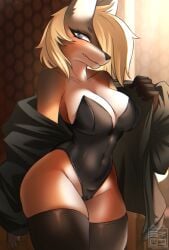 2024 4_fingers anthro artist_logo artist_name biped black_body black_clothing black_eyebrows black_jacket black_legwear black_leotard black_nose black_thigh_highs black_topwear blonde_hair blue_eyes blurred_background breasts brown_body camel_toe canid canine canis clothed clothed_anthro clothed_female clothing digital_drawing_(artwork) digital_media_(artwork) eyebrows eyelashes fangs female female_anthro fingers golden_jackal hair hair_over_eye jackal jacket legwear leotard light logo mammal multicolored_body navel_outline open_clothing open_jacket open_topwear sk3tchk4t solo squish strapless_clothing strapless_leotard sunlight teeth text thick_thighs thigh_highs thigh_squish topwear white_body white_inner_ear