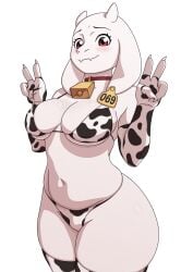 1girls alternate_color alternate_costume alternate_version_available animal_ears anthro big_breasts bikini bikini_bottom bikini_top blush bottomwear breasts cleavage cow_print cow_print_armwear cow_print_bikini cow_print_gloves cow_print_legwear cow_print_thighhighs cowbell double_peace_sign ear_piercing female female_only fingerless_gloves gloves goat_ears hips horns kyde legwear mature mature_female mature_woman milf mother neckwear peace_sign red_eyes smile solo solo_female swimwear thighhighs thighs topwear toriel undertale white_body white_skin wide_hips