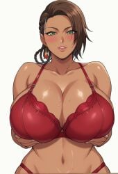 abs ai_generated azucena_milagros_ortiz_castillo bandai_namco big_breasts breasts brown_hair cleavage curvy curvy_female curvy_figure dark-skinned_female dark_skin earrings female flower_in_hair gloves green_eyes hair_ornament latina looking_at_viewer namco office_clothing peruvian peruvian_female pose seductive short_hair solo standing style sweat tan-skinned_female tan_skin tekken tekken_8 video_game_character voluptuous voluptuous_female wide_hips