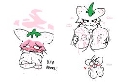 anthro areola big_breasts blush blushing_profusely bodily_fluids breast_play breast_squish breasts cum cum_on_body cum_on_breasts cum_on_face domestic_cat duo elemental_creature english_text fakemon felid feline felis female flora_fauna food food_creature fruit fur genital_fluids genitals green_body hand_on_own_breast heart_symbol lactating lactating_during_sex lactating_juice living_fruit looking_down_at_self male mammal narrowed_eyes nipples penis penis_between_breasts plant red_body sex simple_background smile squish strawpurry_(theonetruesinner) text theonetruesinner titjob unusual_bodily_fluids unusual_lactation whiskers