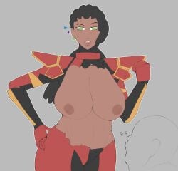 1boy 1girls anonymous_male big_breasts commission dark-skinned_female dreadlocks earrings faceless_male green_eyes partially_clothed pog smoxul startled suit sweat text thick_thighs torn_clothes wide_hips