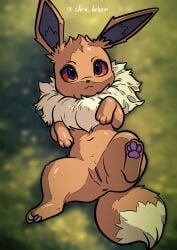 3_toes :3 absurd_res anus artist_name bird's-eye_view black_body black_fur black_outline blurred_background brown_body brown_fur colored digitigrade dipstick_tail eevee feet female feral fluffy fluffy_tail full-length_portrait fur generation_1_pokemon genitals hi_res high-angle_view humanoid_genitalia humanoid_pussy looking_at_viewer looking_up lying markings navel nintendo on_back one_leg_up outline pawpads paws pinup pokemon pokemon_(species) portrait pose presenting presenting_pussy purple_eyes purple_sclera pussy quadruped raised_leg red_sclera shen_hokori solo spread_legs spreading tail tail_markings tan_body tan_fur text toes