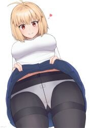 ahoge arcueid_brunestud ass_visible_through_thighs black_pantyhose blonde_hair breasts clothes_lift commentary female from_below gusset highres large_breasts meph1l panties panties_visible_through_clothes pantyhose presenting_pussy red_eyes romaji_commentary short_hair skirt skirt_lift smile tsukihime tsukihime_(remake) underwear white_panties