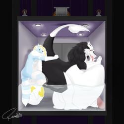 1:1 absurd_res anthro ass balls big_balls big_butt big_penis black_body black_fur blue_body blue_fur bodily_fluids canid canine canis cum cum_flooding cum_inside duo elevator excessive_cum excessive_genital_fluids femboy fox fur genital_fluids genitals hi_res horn huge_balls huge_cock hybrid hyper hyper_balls hyper_cum hyper_genitalia hyper_penis inflation inflation knot male male/male mammal penis reisuke_wolfox reisuke_wolfox_(artist) sergal size_difference small_dom_big_sub tail white_body white_fur wolf