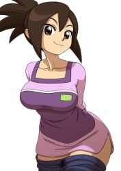 1girls alternate_version_available big_breasts bottomwear breasts brown_eyes brown_hair clothing dress_shirt female female_only hair hands_behind_back hips hope_stelar kyde mature mature_female mature_woman mega_man mega_man_star_force milf mother pants pants_down pink_shirt shirt smile solo solo_female thighs tied_hair topwear wide_hips