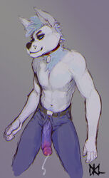 anthro big_penis canine clothed clothing collar humanoid_penis julicat male male_only mammal navel penis precum smile solo topless unzipped