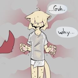 2025 5_fingers anthro bodily_fluids claws clothed clothing dialogue digital_media_(artwork) domestic_cat ears_down english_text felid feline felis finger_claws fingers fur gigawix hair hair_over_eyes hi_res inner_ear_fluff male male_anthro mammal pantsless pantsless_anthro pantsless_male pawpads pink_inner_ear pink_pawpads pivoted_ears simple_background smelly solo standing sweat sweat_fetish tail tan_body tan_fur tenting text tuft wet wet_clothing