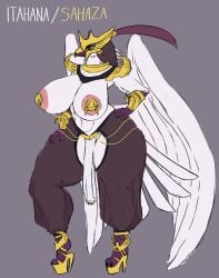 absurd_res anthro armor avian big_breasts bottomwear bracers breasts clothing feet female footwear gold_(metal) headgear helmet hi_res high_heels huge_breasts huge_thighs impractical_clothing loincloth mostly_nude nipple_piercing nipple_shield nipples non-mammal_breasts orange_eyes piercing revifrry shoes solo solo_focus talons thick_thighs toes translucent translucent_clothing unconvincing_armor white_body wings
