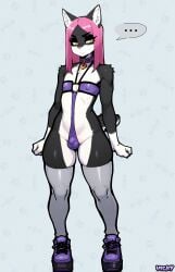 ai_generated anthro balls_outline bikini black_body black_eyeshadow black_fur bulge clothed clothing collar detailed_bulge domestic_cat eyeshadow felid feline felis femboy footwear front_view fur genital_outline hair hi_res long_hair makeup male mammal nipple_outline penis_outline pink_hair platform_footwear platform_shoes shoes short_tail skimpy skindentation solo standing swimwear tail thick_thighs two-piece_swimsuit vickyx yellow_eyes