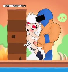 ahe_gao anal anal_sex brawl_stars censored censored_eyes colette_(brawl_stars) doggy_style el_primo_(brawl_stars) male muscles muscular muscular_male onomatopoeia penetration self_upload side_view sirsmol standing standing_sex tongue tongue_out x-ray