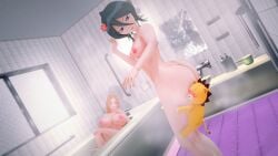 2girls ass bathroom black_hair bleach breasts inoue_orihime koikatsu koikatsu_(medium) kon kuchiki_rukia looking_back nipples nude open_mouth orange_hair oshino3d plushie steam toy