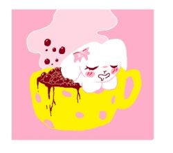 accessory ambiguous_gender anthro blush bodily_fluids border bow_ribbon closed_eyes container cup diarrhea drooling fart fart_bubbles feces floppy_ears food food_creature food_feces fur hair_accessory hair_ribbon hairbow in_container in_cup lagomorph leporid living_marshmallow mammal open_mouth pampeep_(theonetruesinner) peeps pink_background pink_hair_bow rabbit ribbons saliva scatplay simple_background solo steam theonetruesinner unusual_feces white_body white_border white_fur