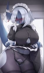 1girls absol animated anthro belt black_body black_legwear black_panties black_pantyhose clothes_lift clothing_cutout collar female female_only furry generation_3_pokemon heart-shaped_pupils large_breasts looking_at_viewer maid maid_headdress maid_outfit maid_uniform mmbct01 no_humans nyaohha one_eye_closed pantyhose pokemon pokemon_(species) presenting presenting_hindquarters red_eyes smile spoken_heart tail thick_thighs thighhighs underboob wagging_tail white_fur white_hair