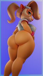 2025 3d_(artwork) absurd_res accessory activision anthro ass bandicoot big_breasts big_butt blonde_hair border bottomless bottomless_anthro bottomless_female breasts bubble_butt clothed clothing coco_bandicoot countershade_face countershading crash_(series) digital_media_(artwork) eyewear eyewear_on_head female goggles goggles_on_head hair hair_accessory hi_res looking_at_viewer mammal marsupial multicolored_face nipple_outline no_underwear orange_body orange_skin partially_clothed ponytail portrait sala3dart_(modeler) scrunchie shirt side_boob smile smiling_at_viewer solo standing tan_body tan_countershading tan_skin thick_thighs three-quarter_portrait tied_hair topwear two_tone_face vensaku white_clothing white_shirt white_topwear wrist_scrunchie