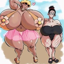 2girls big_eyebrows bikini_top black_hair black_one-piece_swimsuit blonde_hair breasts_bigger_than_head full_body gd_(lewdbeef) hair_bun leg_scar lewdbeef neck_scar one-piece_swimsuit original panda_(lewdbeef) plump scar see-through_clothing see-through_shirt short_hair smile standing thick_thighs