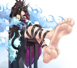 1girls barefoot black_hair blue_fire breasts cassandra_(dragalia_lost) chair collar cygames dragalia_lost dress eiji feet female fire foot_fetish foot_focus fur_coat gloves headwear leg_wrap legs legwear magenta_eyes nintendo ponytail pov pov_feet sole_female soles solo solo_female teacup toes