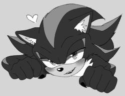 1boy animal_ear_fluff blush clawed_fingers dreamjasmine furry grayscale heart_eyes hedgehog inviting looking_at_viewer mobian_(species) monochrome no_gloves no_visible_genitalia nude on_stomach seductive_smile shadow_the_hedgehog simple_background sketch solo sonic_(series) sonic_the_hedgehog_(series)