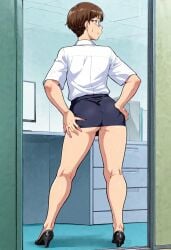 ai_generated angry angry_expression angry_face femboy feminine_male girly glasses grabbing_ass hinemosu hinemosu_notari_style light_skinned_femboy looking_back male office office_lady office_lady_outfit otoko_no_ko style