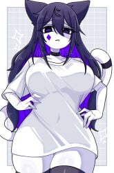 1girls breasts cat_ears cat_tail catgirl feline_humanoid female female_only humanoid large_breasts looking_at_viewer shirt solo solo_female solo_focus thick_thighs thighhighs thighs white_body yume0534