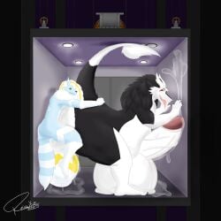 1:1 absurd_res ass balls big_balls big_butt big_penis black_body black_fur blue_body blue_fur bodily_fluids canid canine canis cum cum_inside duo elevator femboy fox fur genital_fluids genitals hi_res horn huge_balls huge_cock hybrid hyper hyper_balls hyper_genitalia hyper_penis inflation inflation knot male male/male mammal penis reisuke_wolfox reisuke_wolfox_(artist) sergal size_difference small_dom_big_sub tail white_body white_fur wolf
