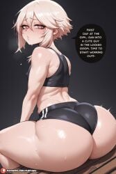 1boy 1femboy 1male ai_generated ass_focus blonde_hair blonde_hair curvy curvy_figure dialogue english english_text femboy fit fit_male flirtaku giant_ass gym gym_clothes gym_shorts looking_at_viewer male male_focus male_only sissy solo solo_femboy solo_focus solo_male talking_to_viewer thick thick_ass thick_thighs thong tight_clothing
